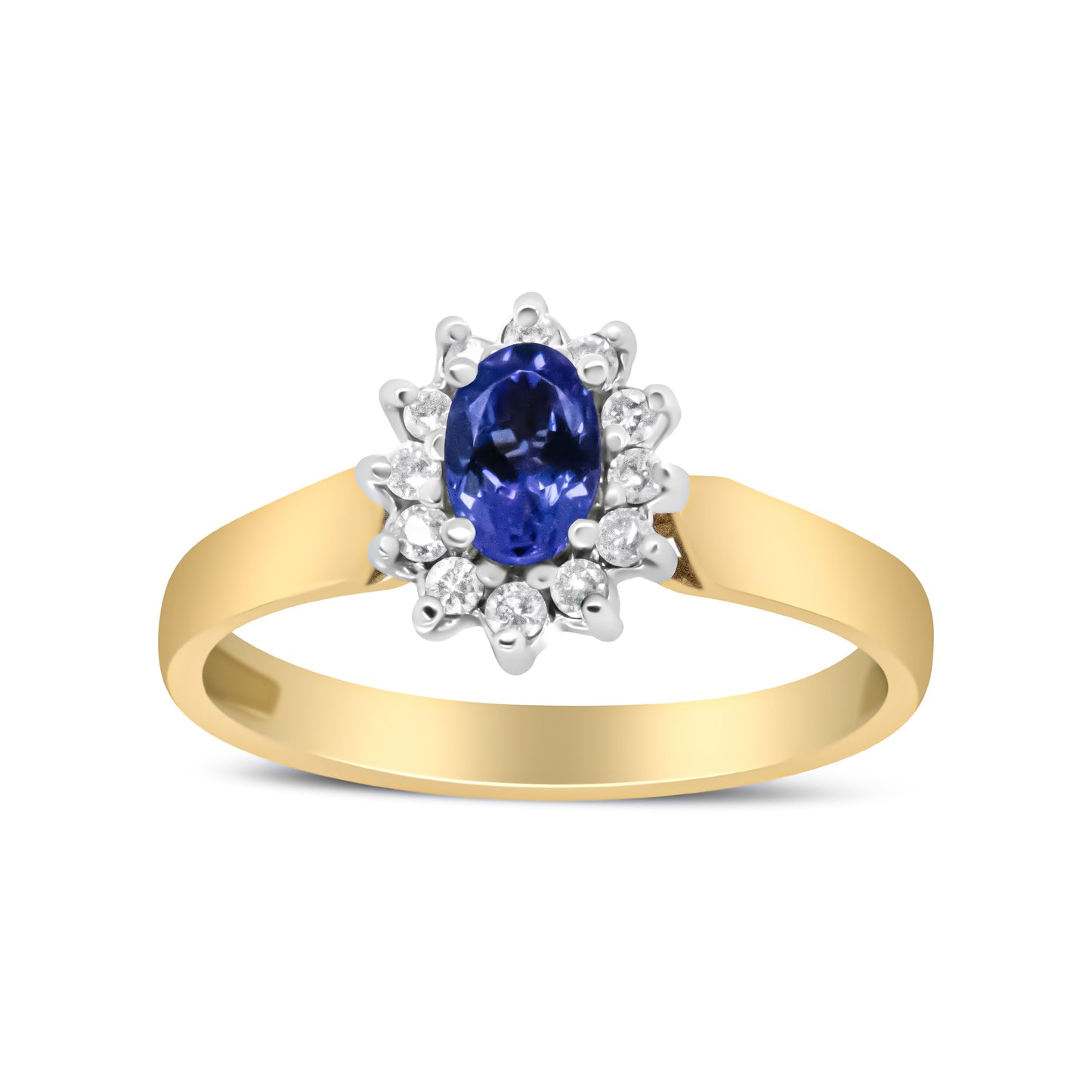 Bague Halo en Diamant et Tanzanite Bleue en Or Jaune 14K - Taille 7.75