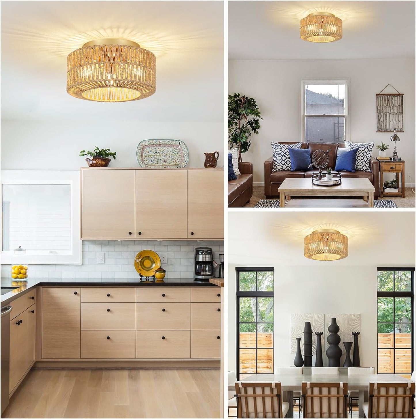 Boho Light Fixtures Ceiling Mount 3-Light Farmhouse Rattan Ceiling Light Fixture Flush Mount Ceiling Light with Hand-Woven Shade - Korvel