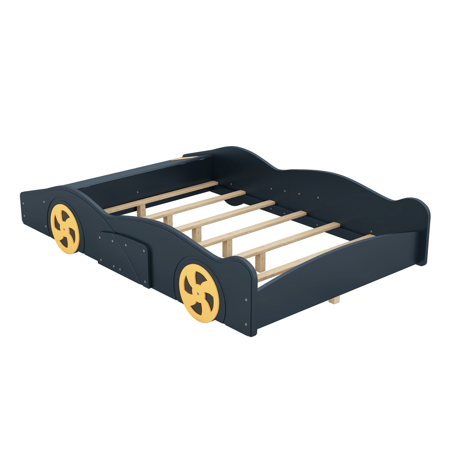 Full Size Race Car-Shaped Platform Bed with Wheels and Storage, Dark Blue+Yellow - Korvel
