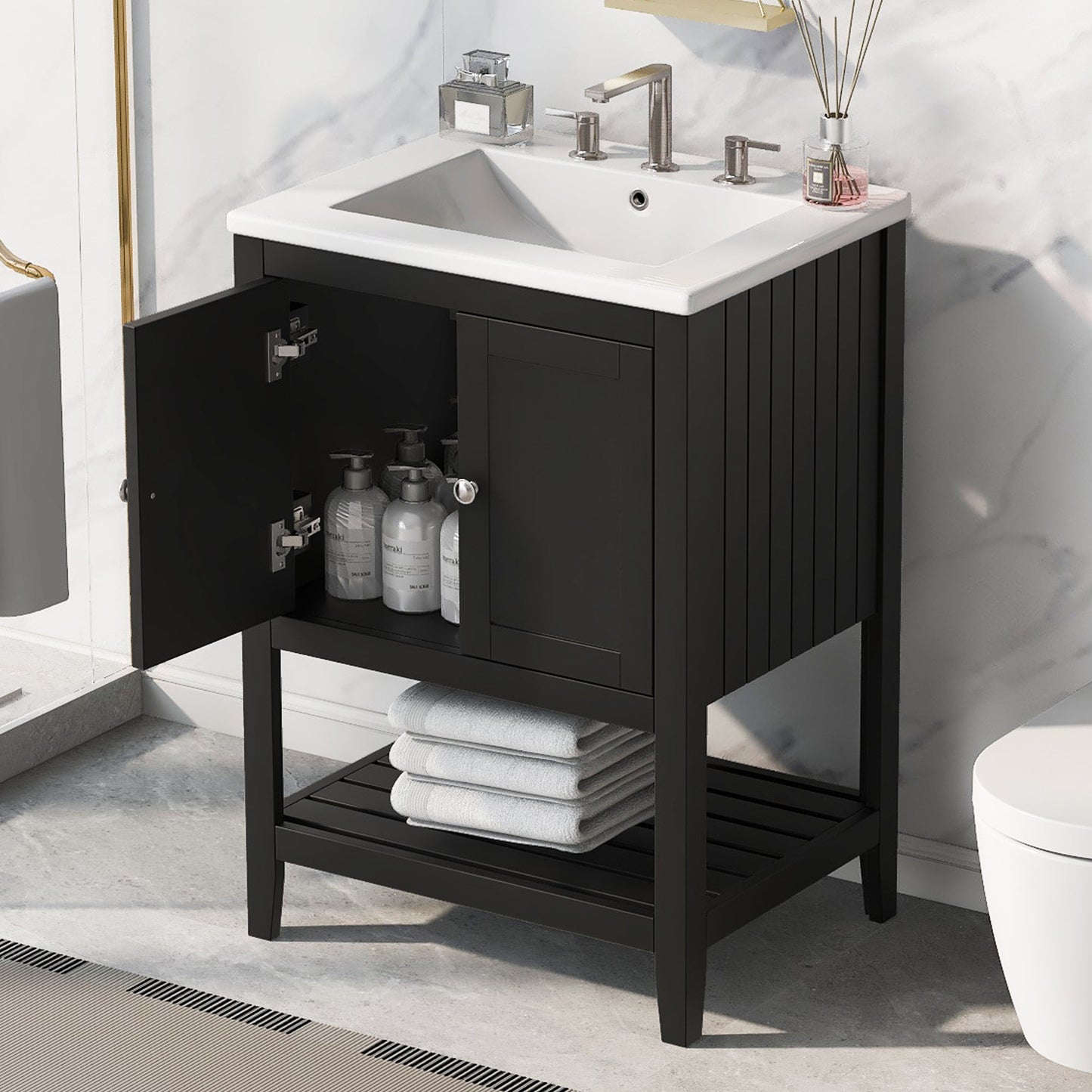Meuble de salle de bain moderne noir de 24" avec évier en céramique élégant