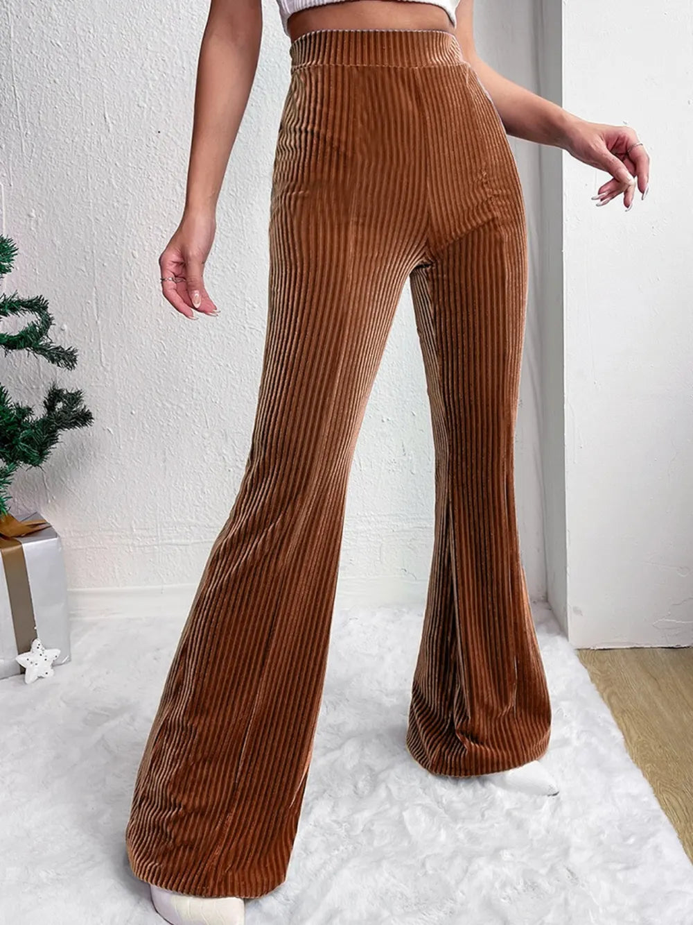 Pantalones Bootcut de Cintura Alta Acanalados