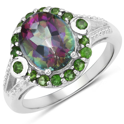 3.92 Carat Genuine Rainbow Quartz & Chrome Diopside Sterling Silver Ring