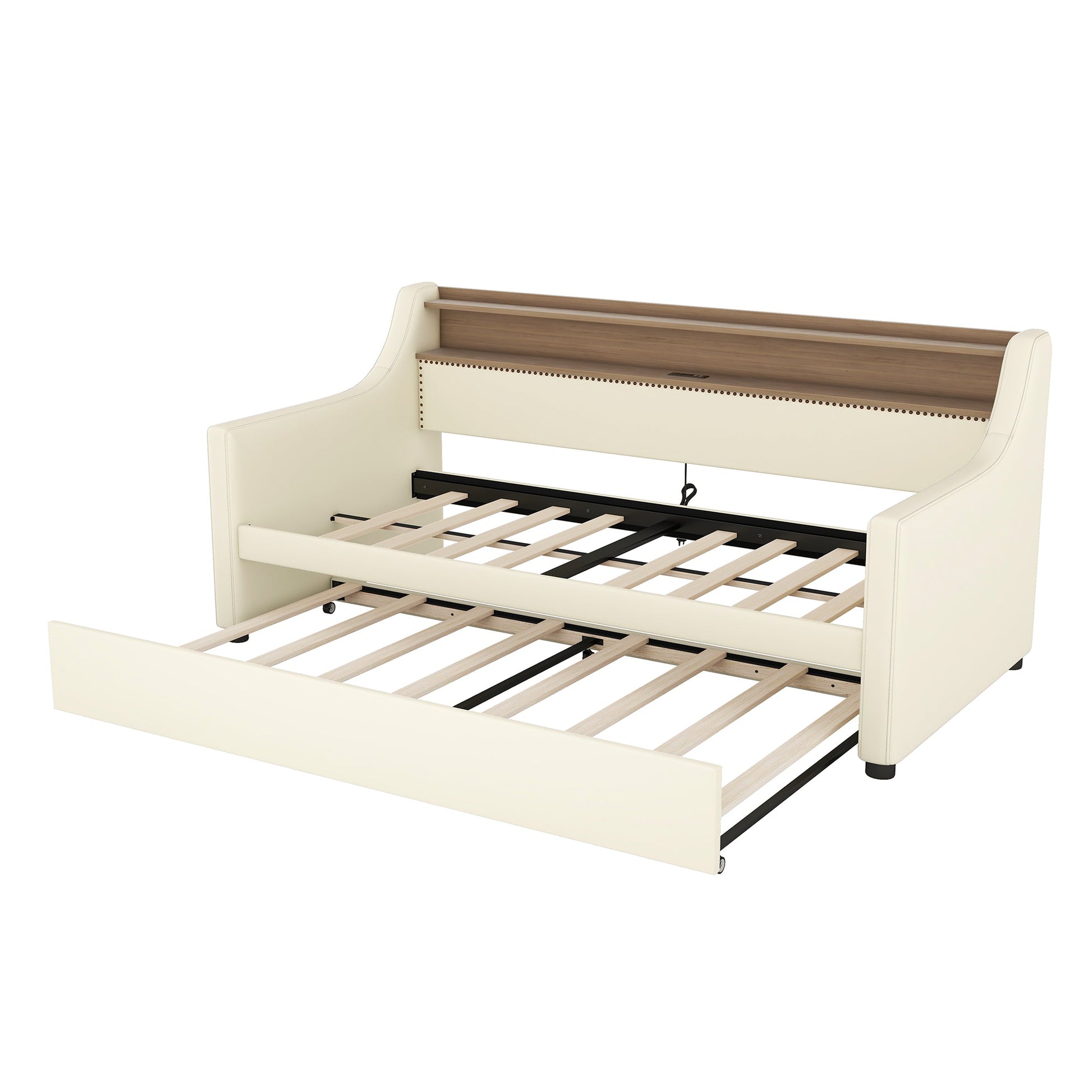 Twin Size Daybed with Trundle, Upholstered Daybed with Charging Station and LED Lights, White - Korvel