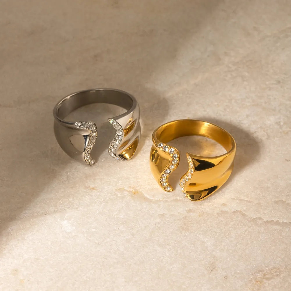 Stainless Steel Inlaid Rhinestone Bypass Ring - Korvel