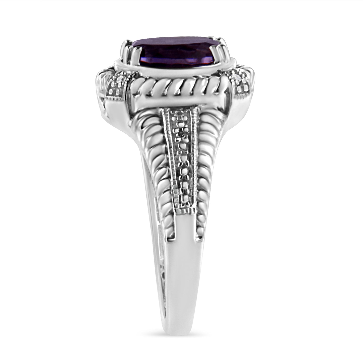 .925 Sterling Silver Amethyst and Diamond Accent Ring - Size 7