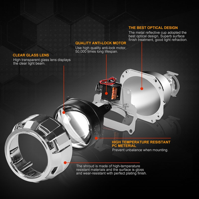 RACBOX 2Pcs 2.5 Inch Universal Bi Xenon HID Projector Lens Silver Black Shroud H1 Xenon LED Bulb H4 H7 Motorcycle Car Headlight - Korvel
