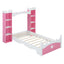 Lit jumeau en bois en forme de château avec étagère de rangement en rose et blanc