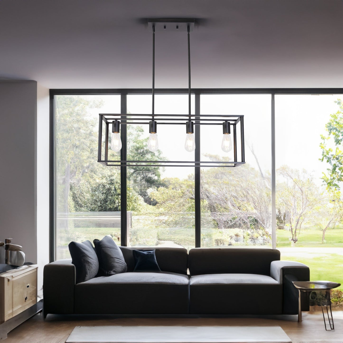 Pendant Lighting 4 Light Industrial Vintage Open Frame Rectangle Chandeliers Modern Black Linear Cage Ceiling Light Fixture - Korvel