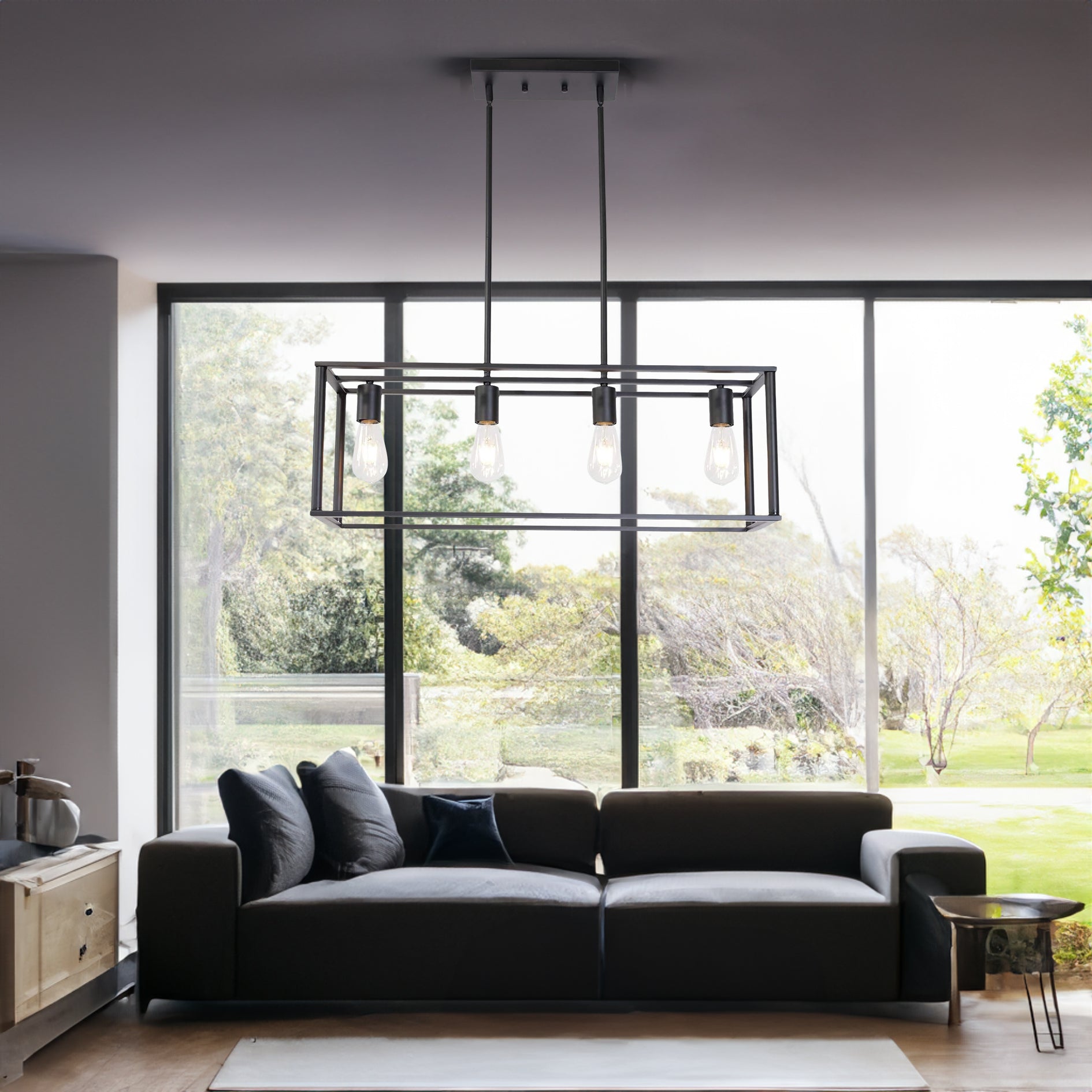 Pendant Lighting 4 Light Industrial Vintage Open Frame Rectangle Chandeliers Modern Black Linear Cage Ceiling Light Fixture - Korvel