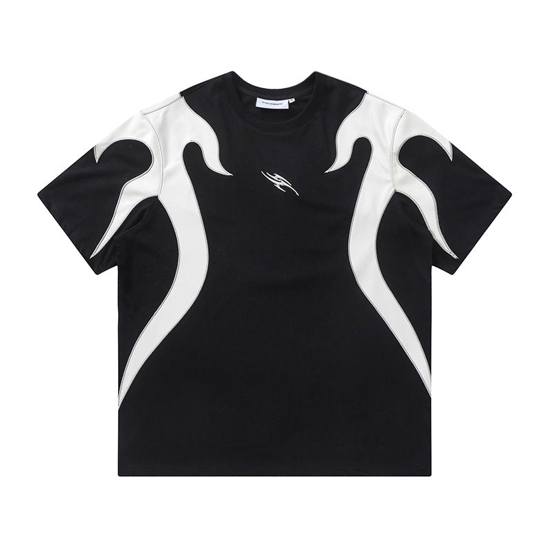 Color Block Applique Embroidery Flame Short Sleeve T-Shirt High Street Design Creative Abstract Casual Tee Men - Korvel