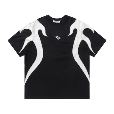 Color Block Applique Embroidery Flame Short Sleeve T-Shirt High Street Design Creative Abstract Casual Tee Men - Korvel