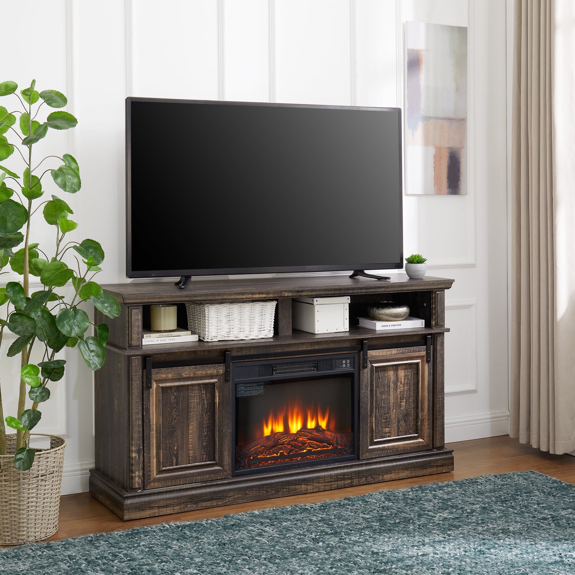 Entertainment console multifunctional sliding door cabinet with 23 inch fireplace 58.11 '* 15.79' * 32.36 'antique brown - Korvel