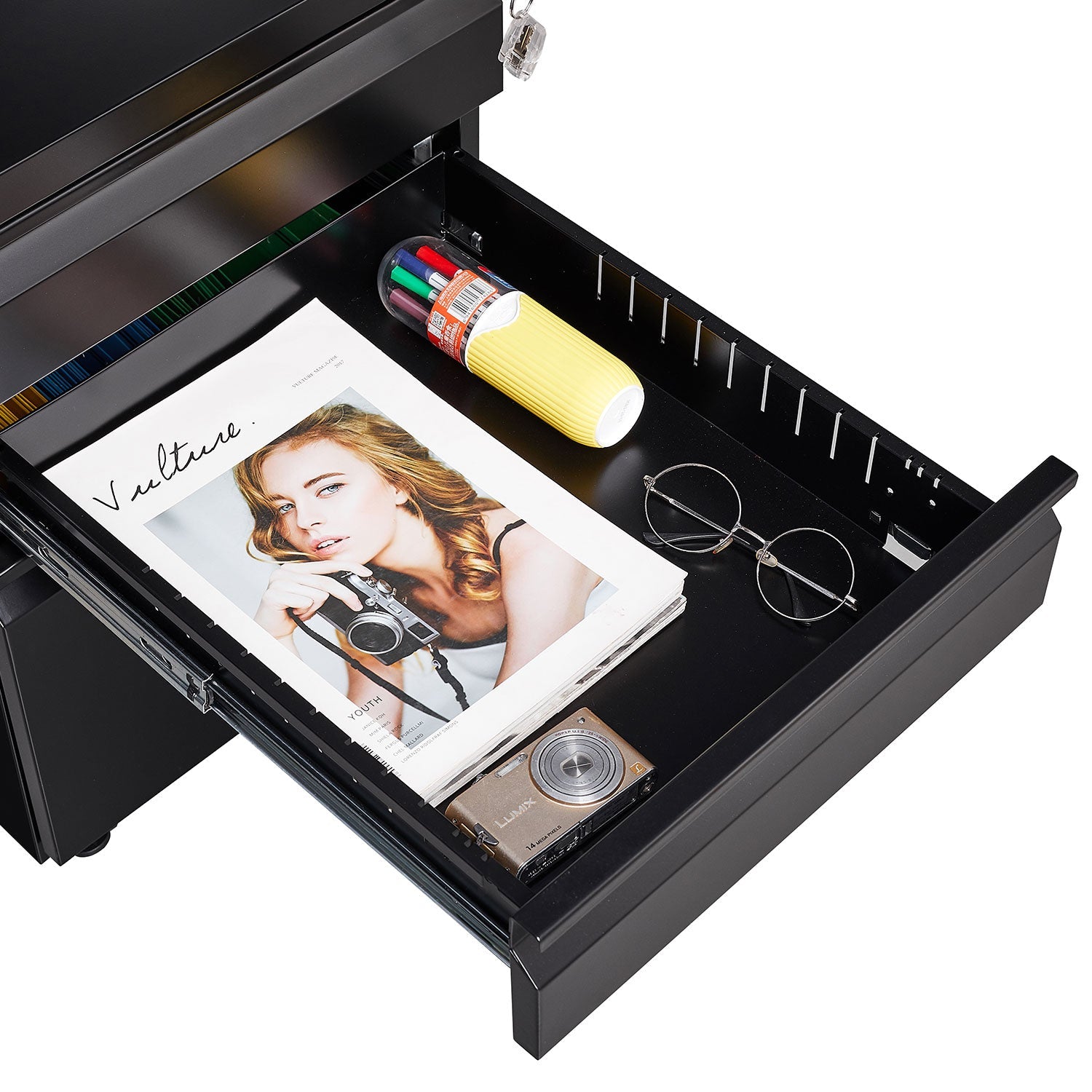 Locked three drawer storage mobile metal filing cabinet with pre installed wheels under the desk filing cabinet - Korvel