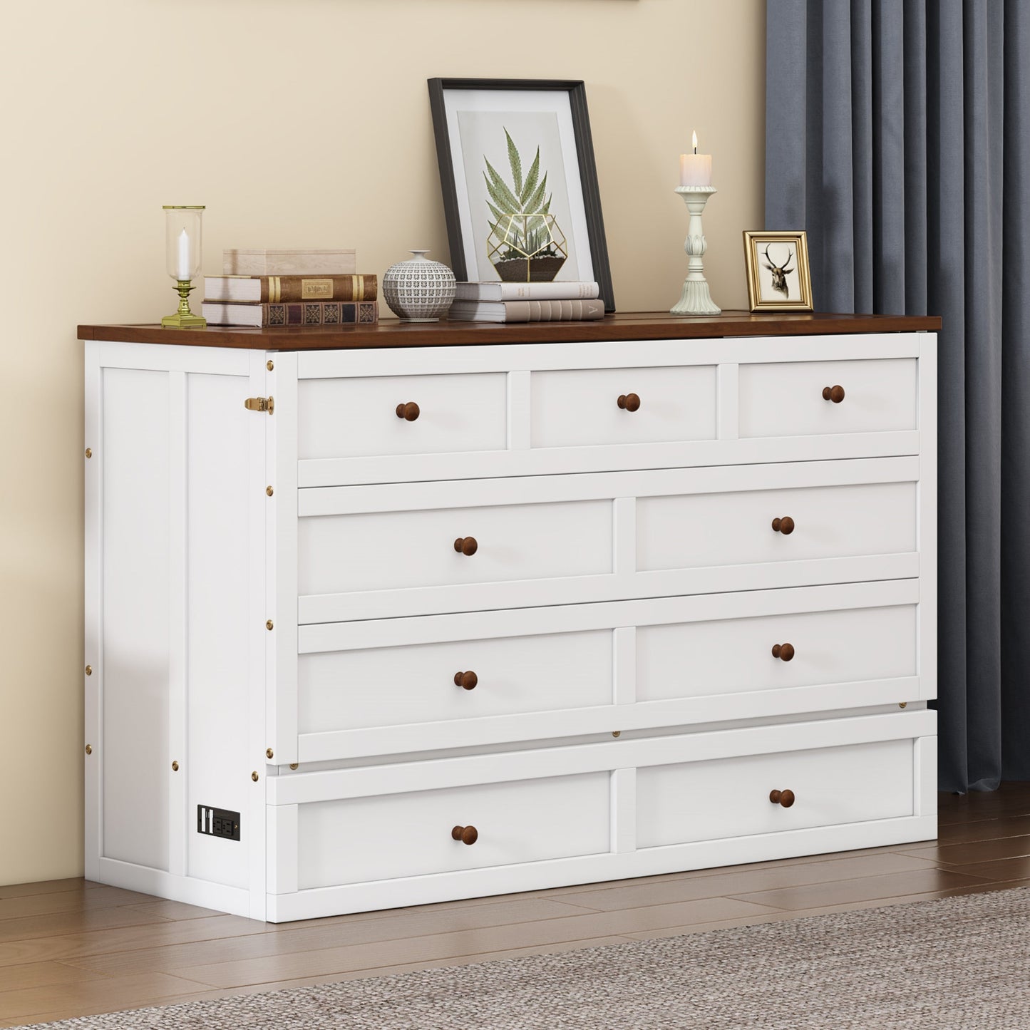 Solid Pine Murphy Bed Chest with Charging Station and Large Storage Drawer for Home Office or Small Room , Queen, White+Walnut - Korvel