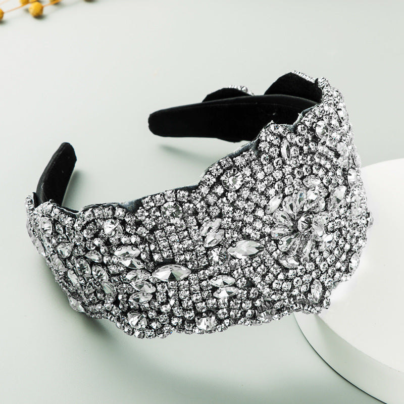 New Oversized Exaggerated Gypsophila Color Rhinestone Wide-Brimmed Headband Female Net Celebrity Fabric Personality Headwear - Korvel