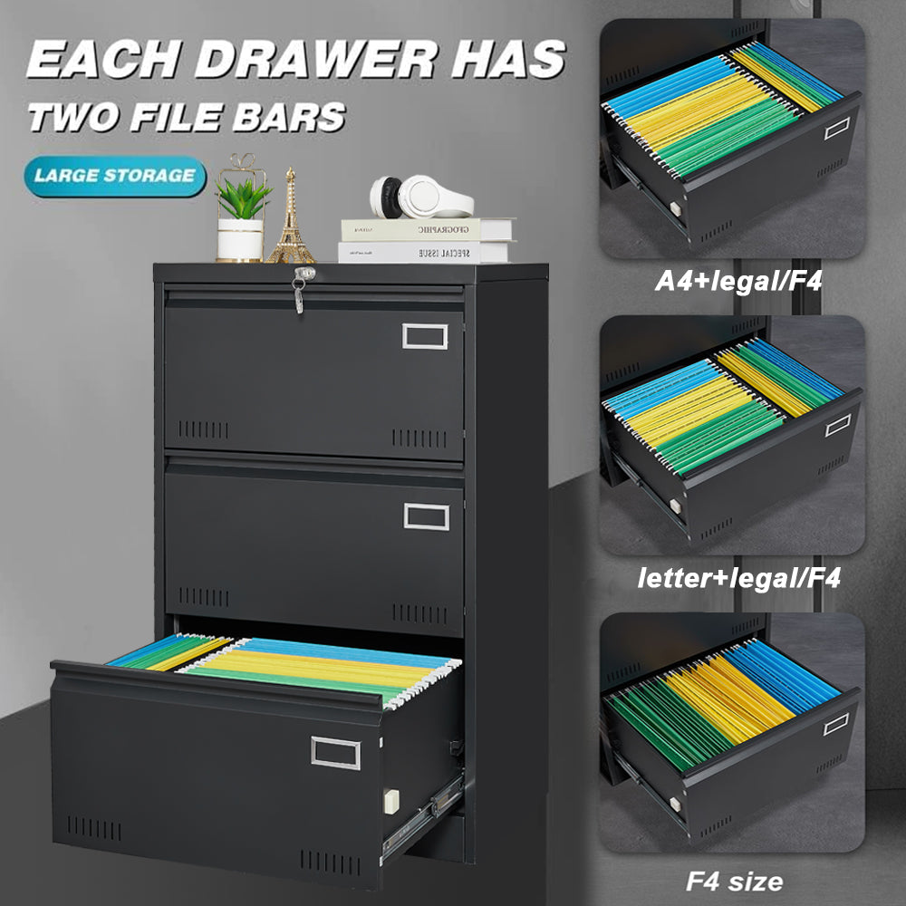 Filing Cabinet Lateral File Cabinet 3 Drawer Blcak Locking Metal File Cabinets Three Drawer - Korvel