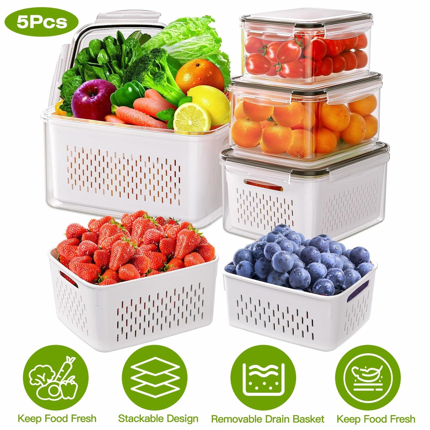 5-Piece Stackable Food Storage Containers with Drain Basket