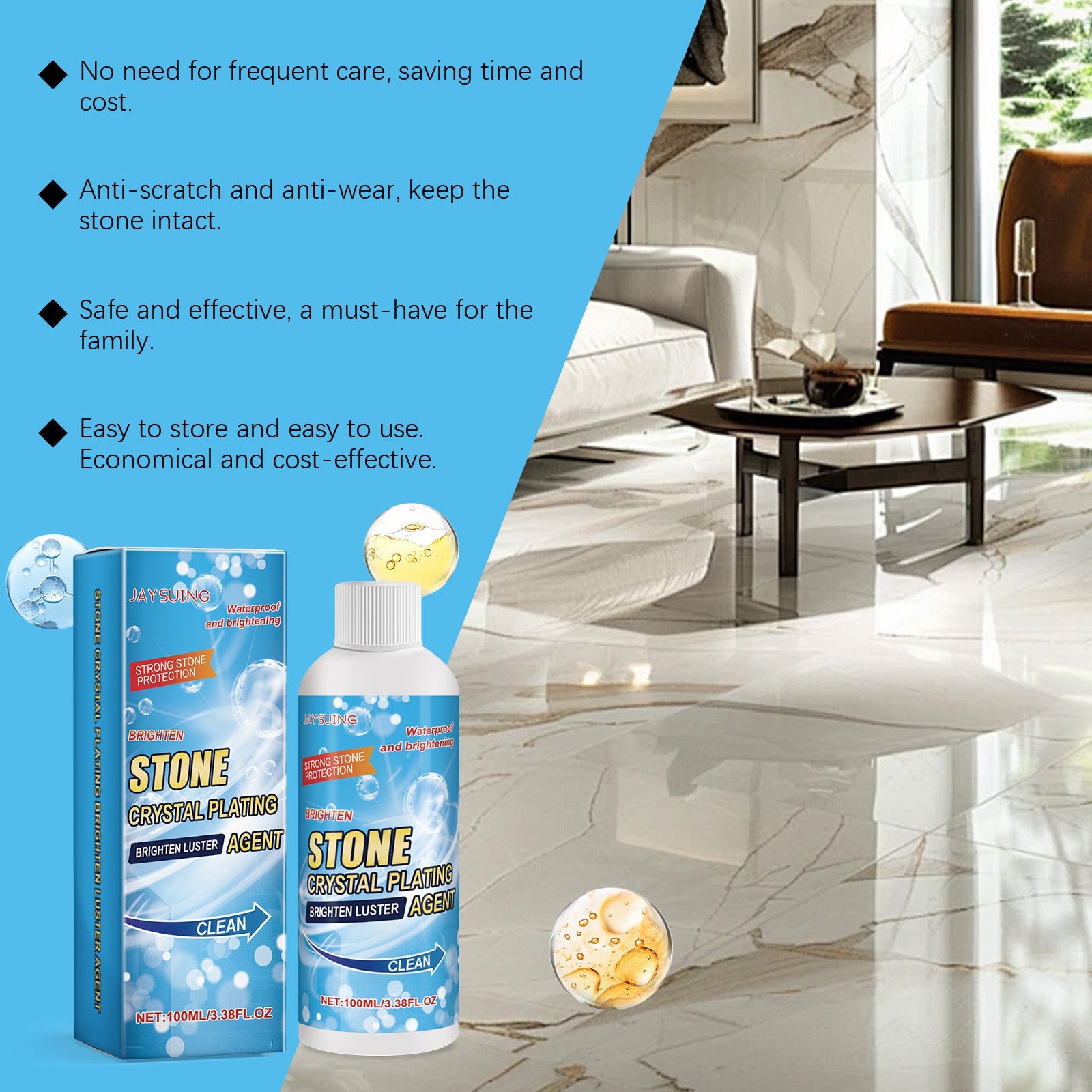 Stone Crystal Plating Agent, Kitchen Quartz Tile Countertop Scratch Repair Cleaning Stain Brightener - Korvel