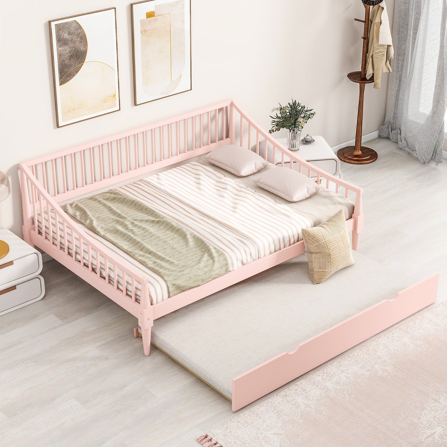 Full Size Pink Daybed with Trundle and Support Legs