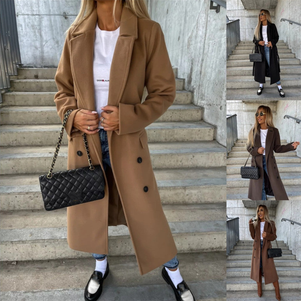 Double-Breasted Lapel Split Jacket with Belt for Women