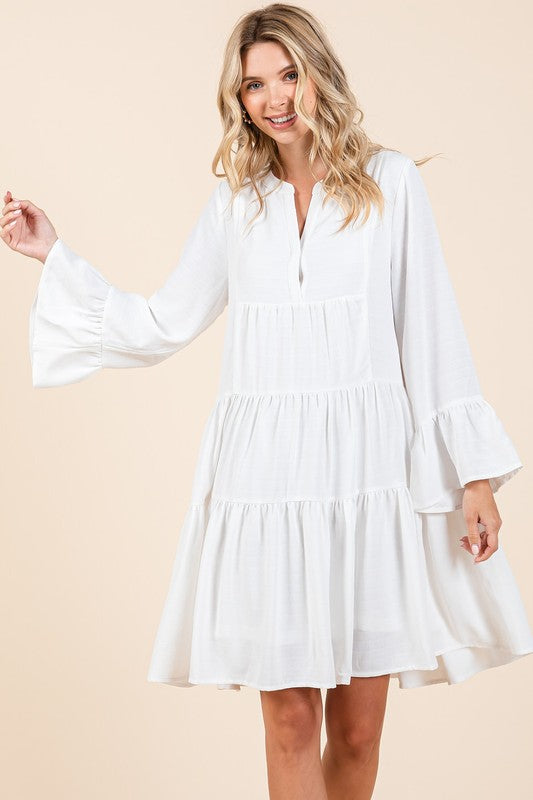 Chic Tiered Flare Sleeve Dress – Stylish Elegance with Notched Neckline - Korvel