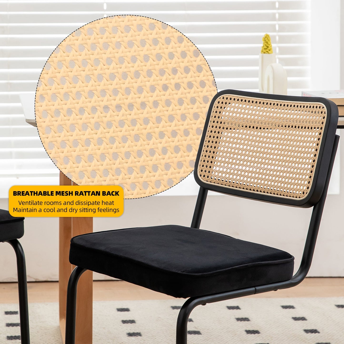 Dining Chairs Set of 2 velvet wicker side decorative chairs, black painted legs, modern medieval Bruell designed chairs, - Korvel