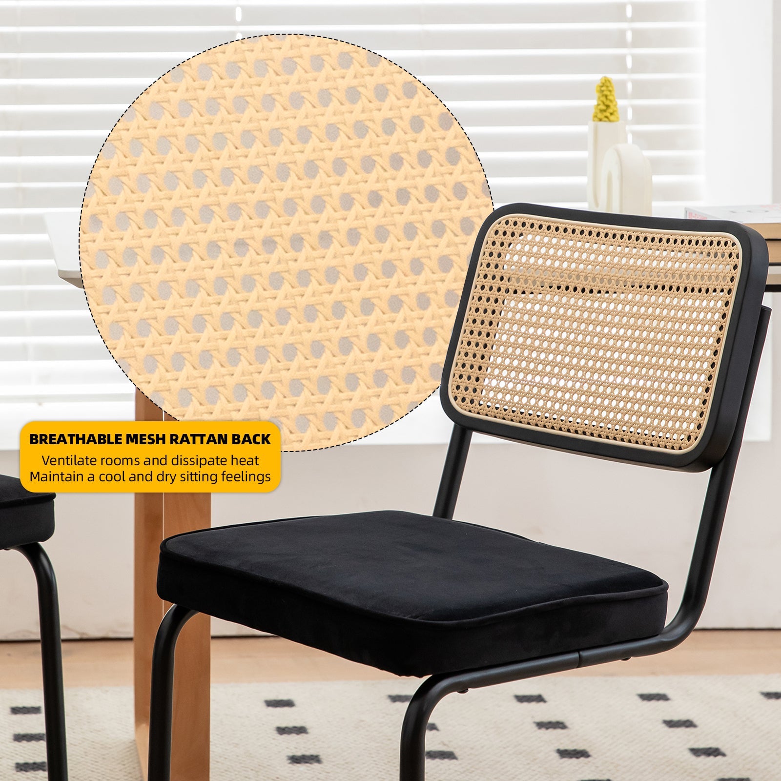 Dining Chairs Set of 2 velvet wicker side decorative chairs, black painted legs, modern medieval Bruell designed chairs, - Korvel
