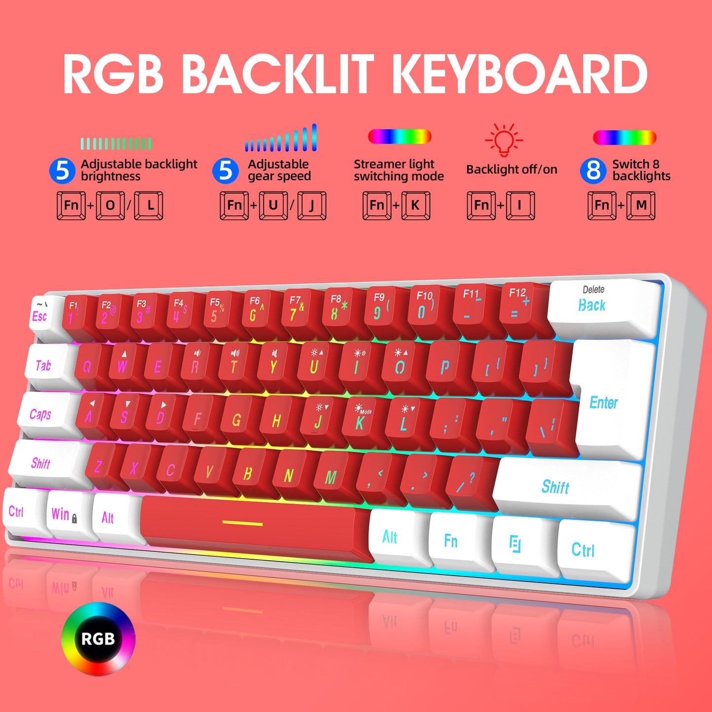 61 key keyboard with split lines, mini minimalist keyboard, compact dual color color RGB luminous film keyboard - Korvel