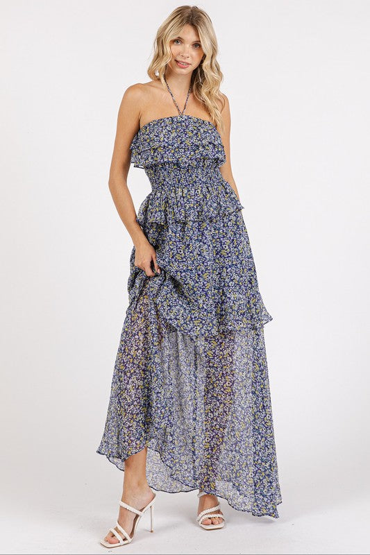 Robe maxi à col halter en fleurs froncées et volantes
