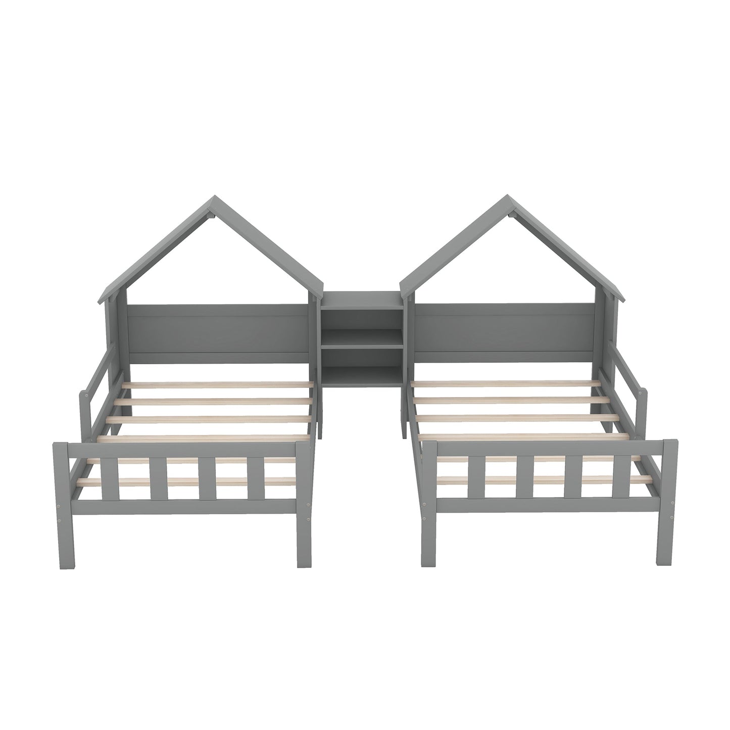 Double Twin Size Platform Bed with House-shaped Headboard and a Built-in Nightstand  Grey - Korvel