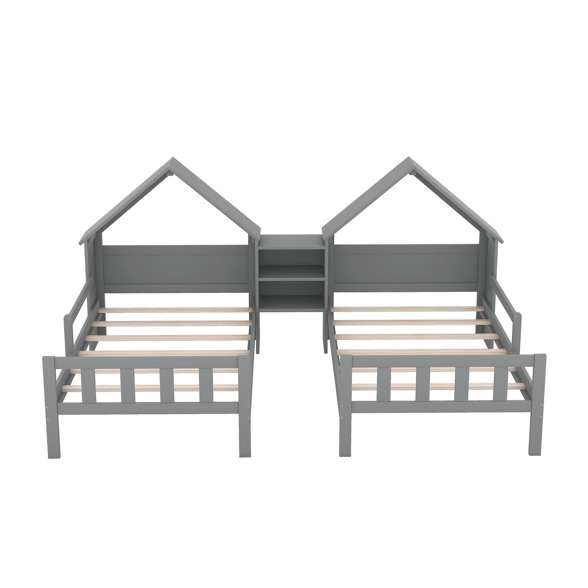 Double Twin Size Platform Bed with House-shaped Headboard and a Built-in Nightstand  Grey - Korvel
