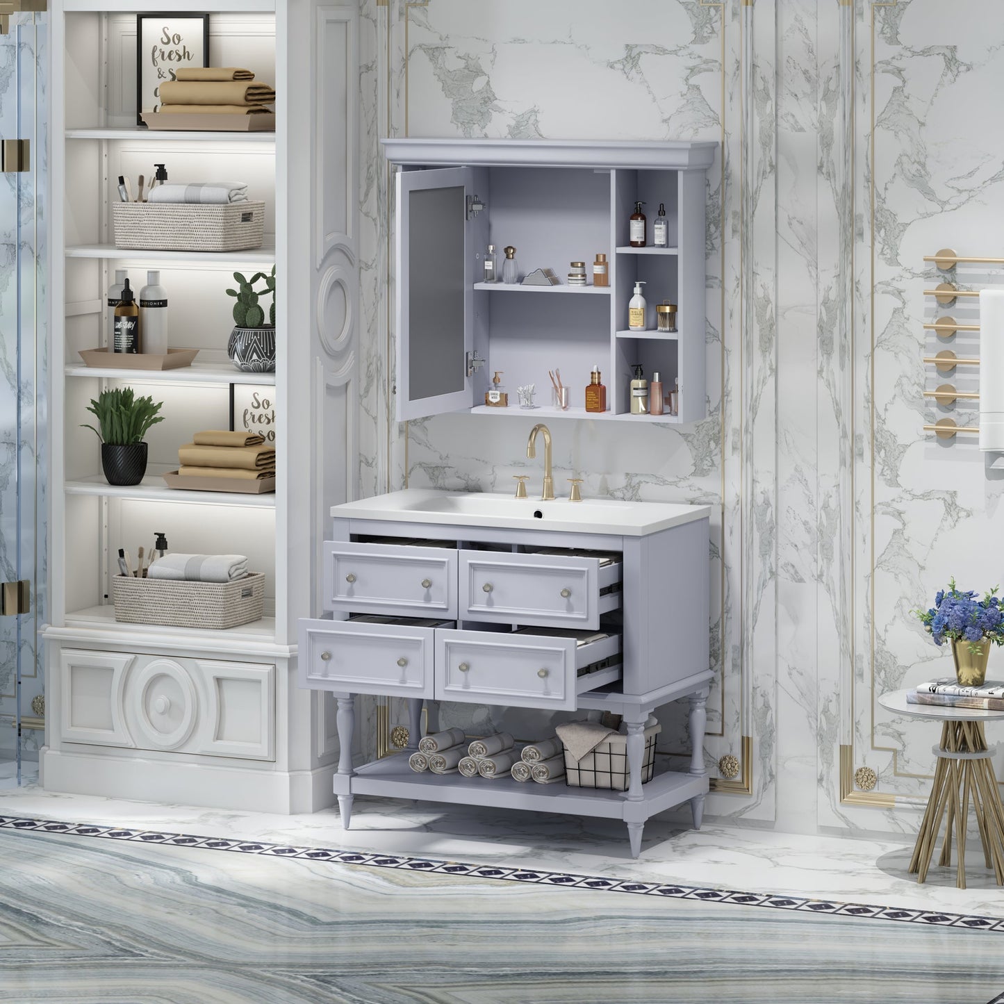 36'' Bathroom Vanity with Medicine Cabinet, Modern Mirror Cabinet with Adjustable Shelf, Bathroom Storage Cabinet with 4 Drawers - Korvel