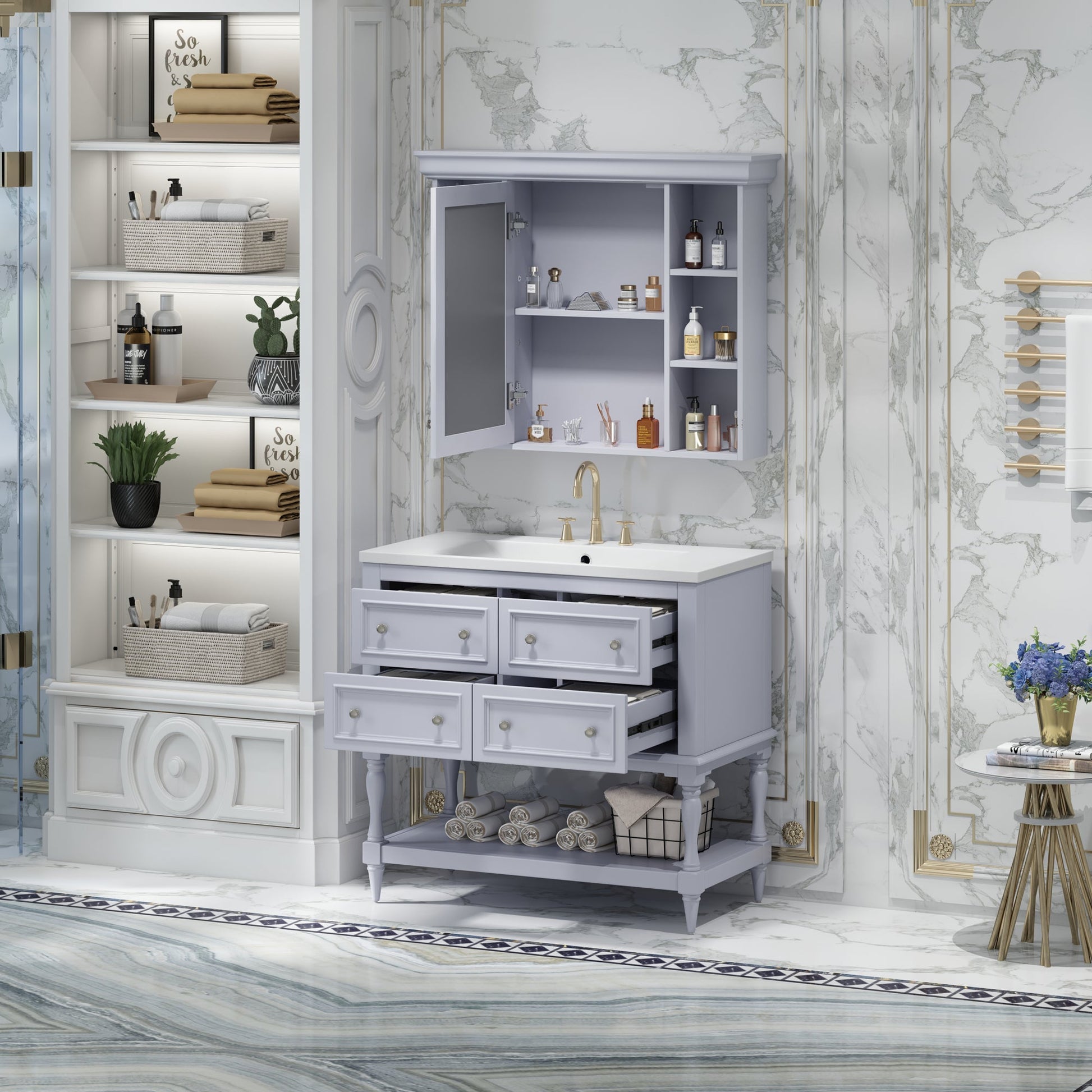 36'' Bathroom Vanity with Medicine Cabinet, Modern Mirror Cabinet with Adjustable Shelf, Bathroom Storage Cabinet with 4 Drawers - Korvel