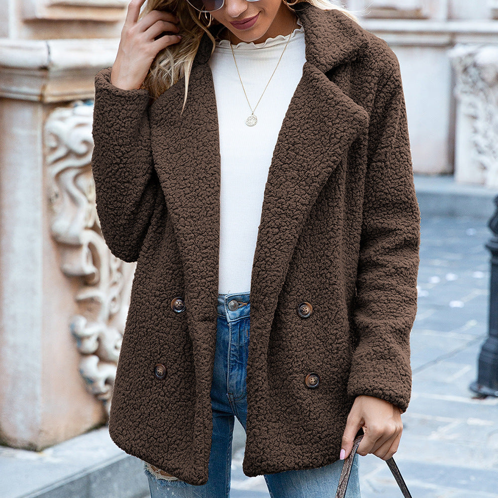 Manteau d'hiver en peluche à revers large pour femmes
