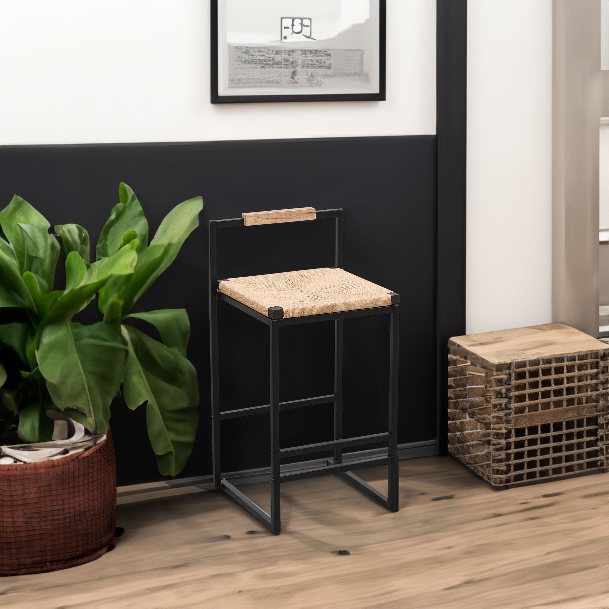Set of 2 Bar Stools with Back Paper Rope Woven Counter Height Dining Chairs for Kitchen Home (Paper Rope with Back) - Korvel