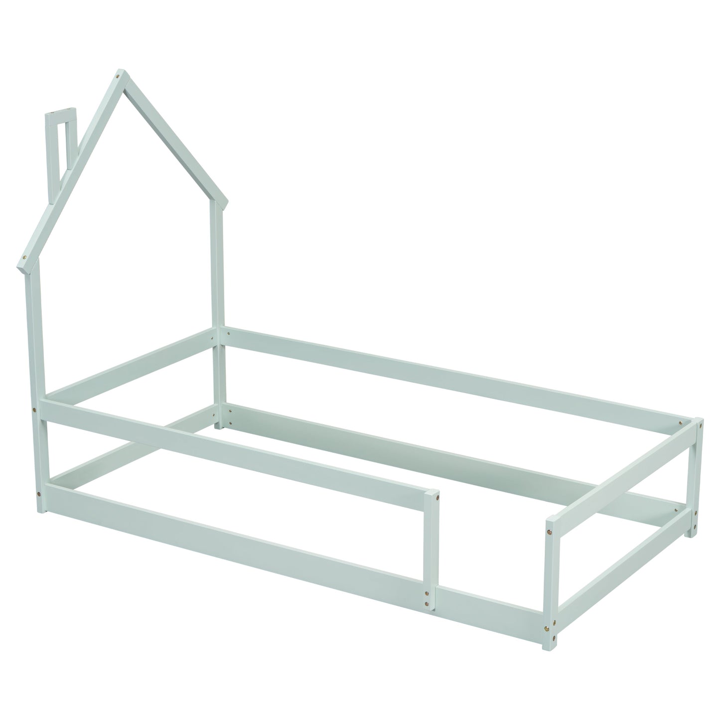 Twin Size Wood Bed with House-Shaped Headboard in Light Green