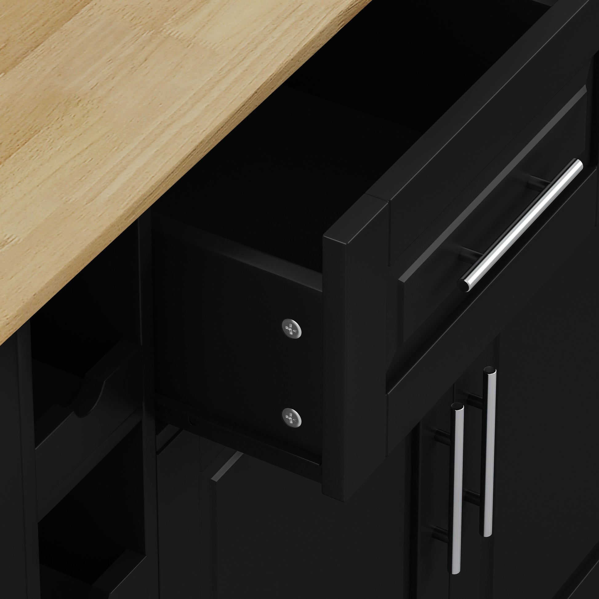Multi-Functional Kitchen Island Cart with 2 Door Cabinet and Two Drawers,Spice Rack, Towel Holder, Wine Rack, and Foldable Rubberwood Table Top (Black) - Korvel