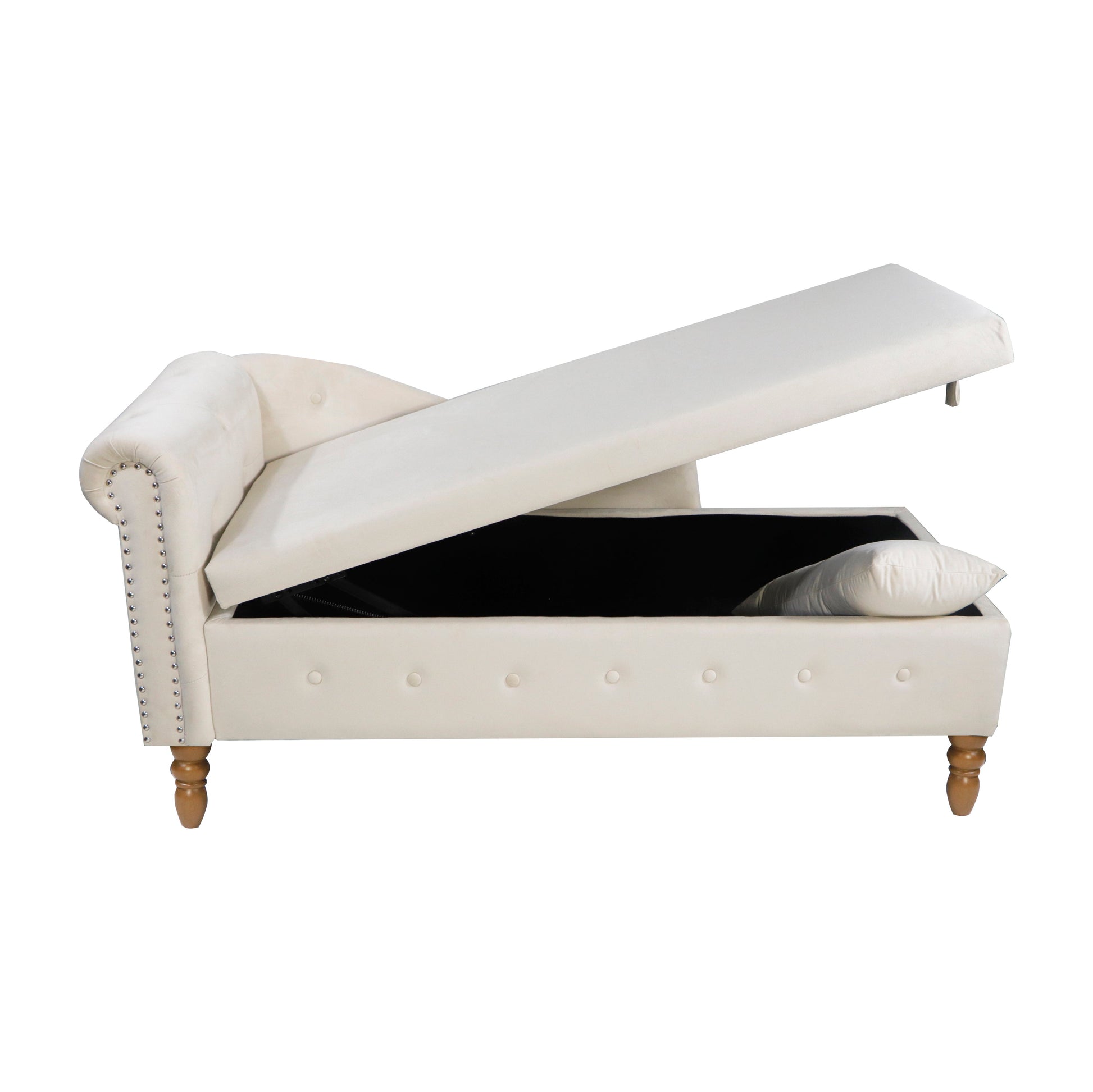 Beige Chaise Lounge Indoor Velvet Lounge Chair for Bedroom with Storage & Pillow Modern Upholstered Rolled Arm Chase Lounge - Korvel