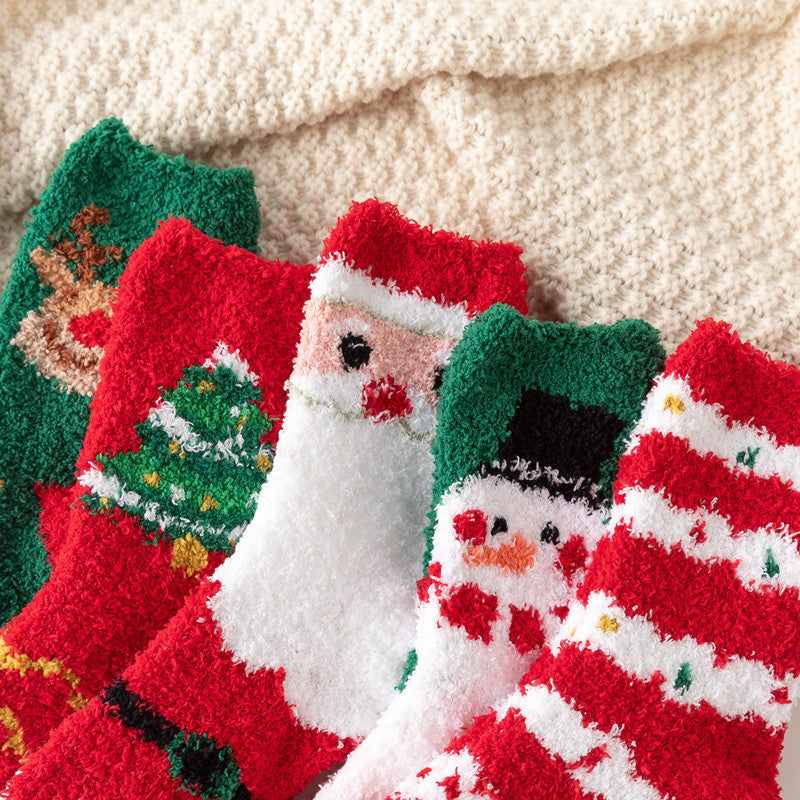 Christmas Red Socks for Children - Autumn and Winter Thickening - Warm Home Socks Coral Velvet Floor Socks Plush Middle Tube - Korvel