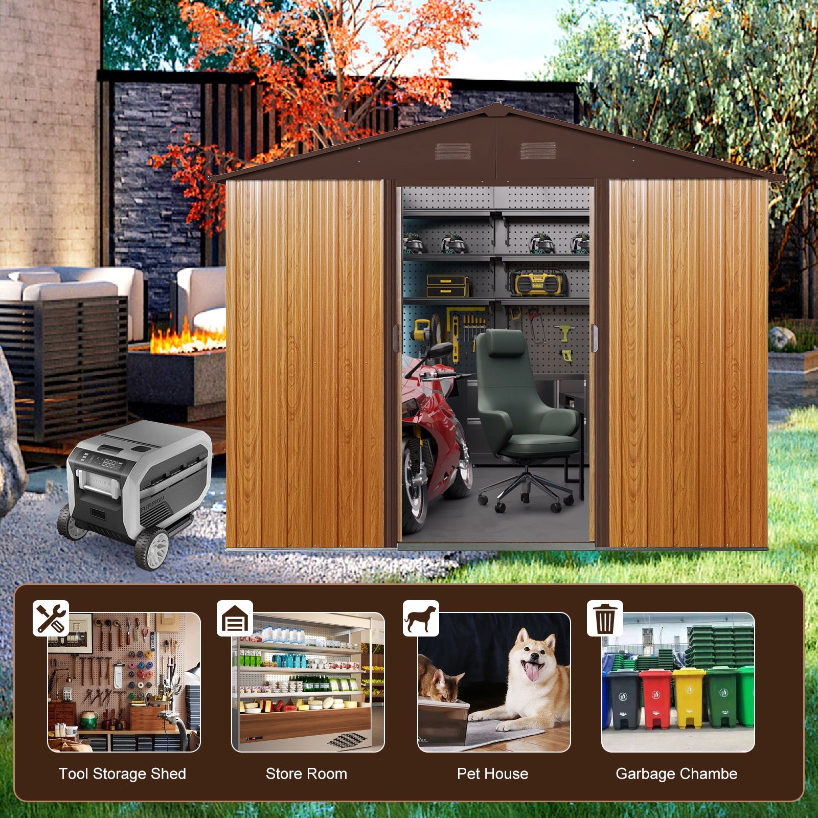 8ft x 6ft Outdoor Metal Storage Shed with Floor Base Coffee(W540S00014) - Korvel