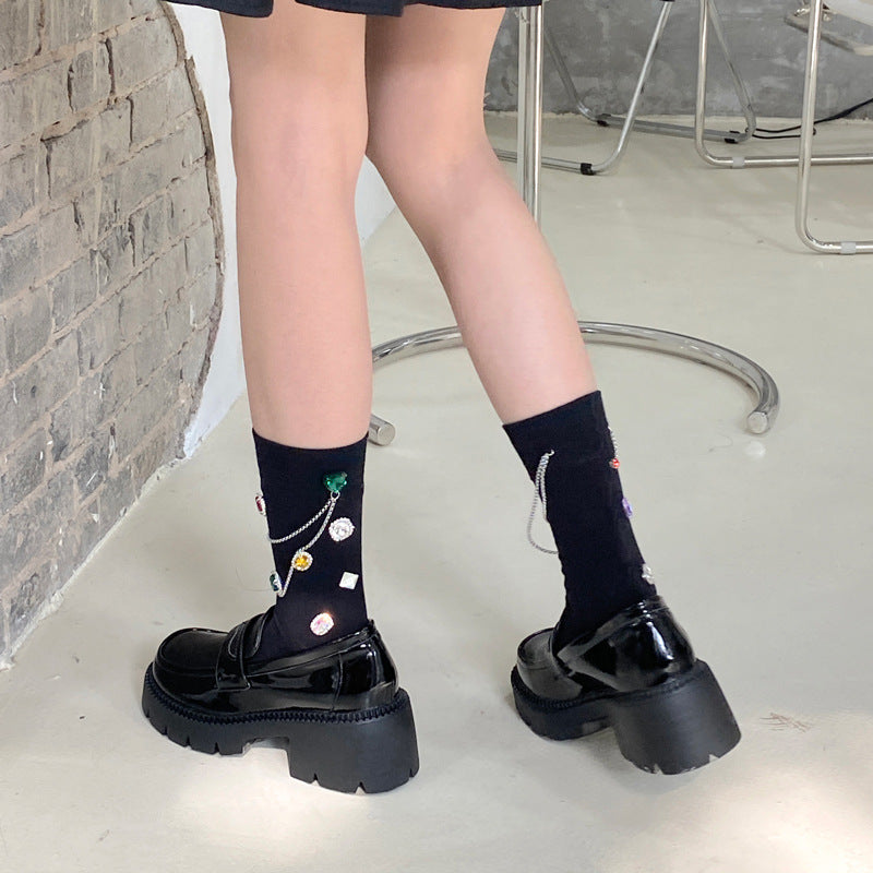 Luxury Black Chain Stacked Crew Socks for Women