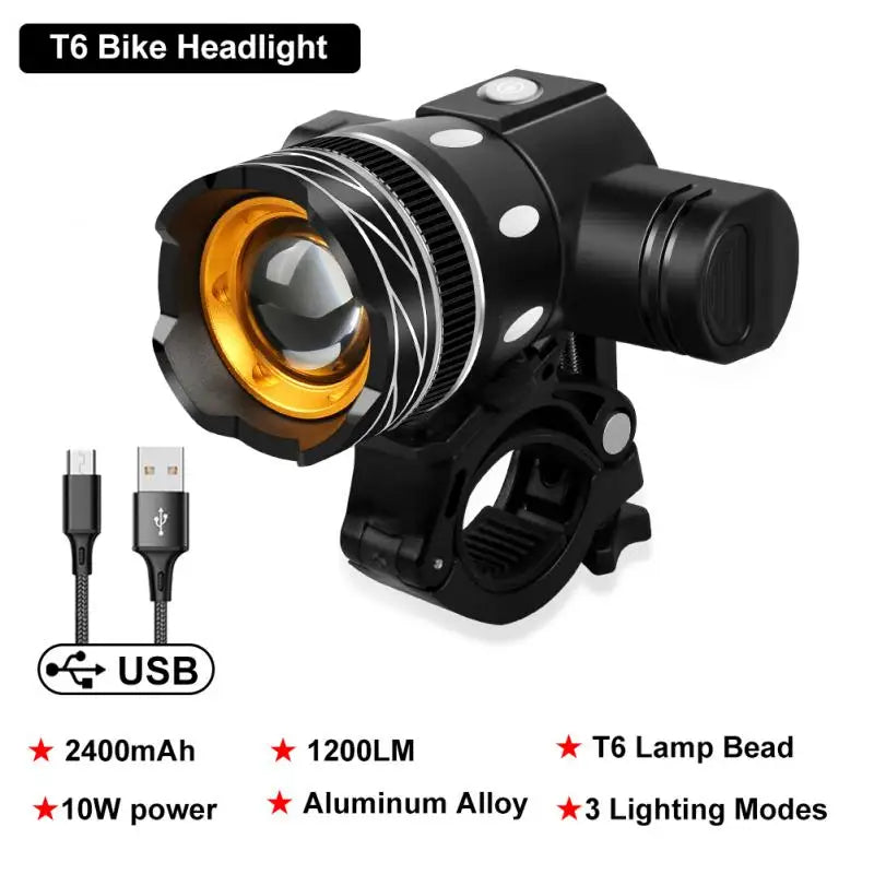 T6 LED Bicycle Front Light USB Rechargeable Lantern 2400mAh for Zoom Bike Headlight Cycling Flashlight MTB Bike Accessories - Korvel