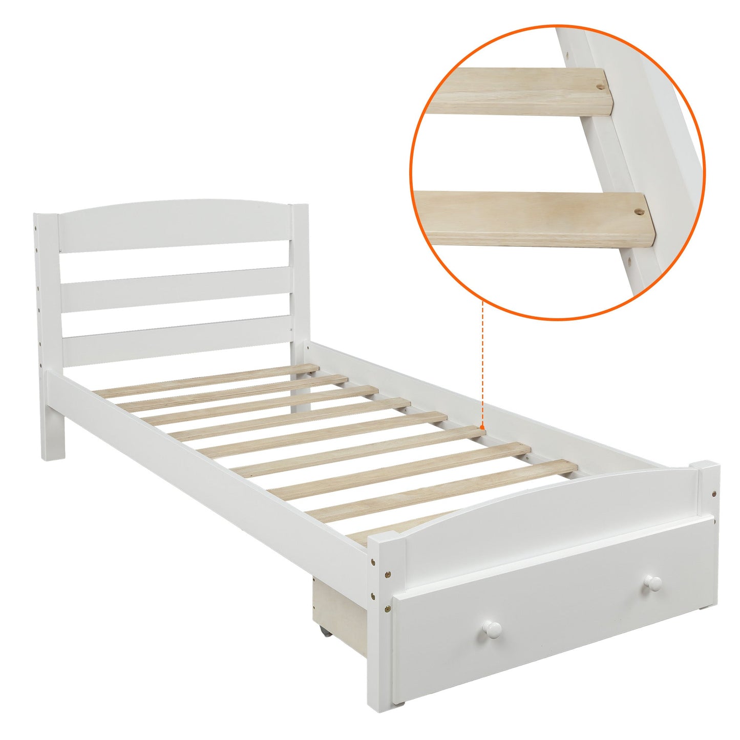 Elegant Platform Twin Bed Frame with Storage Drawer - White