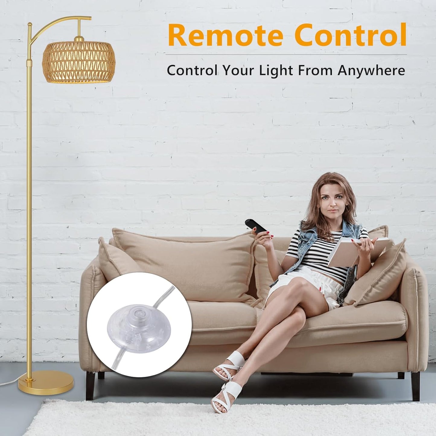 Arc Floor Lamp with 3 Color Temperatures, LED Gold Floor Lamp with Remote & Stepless Dimmable Bulb, Boho Standing Lamp - Korvel
