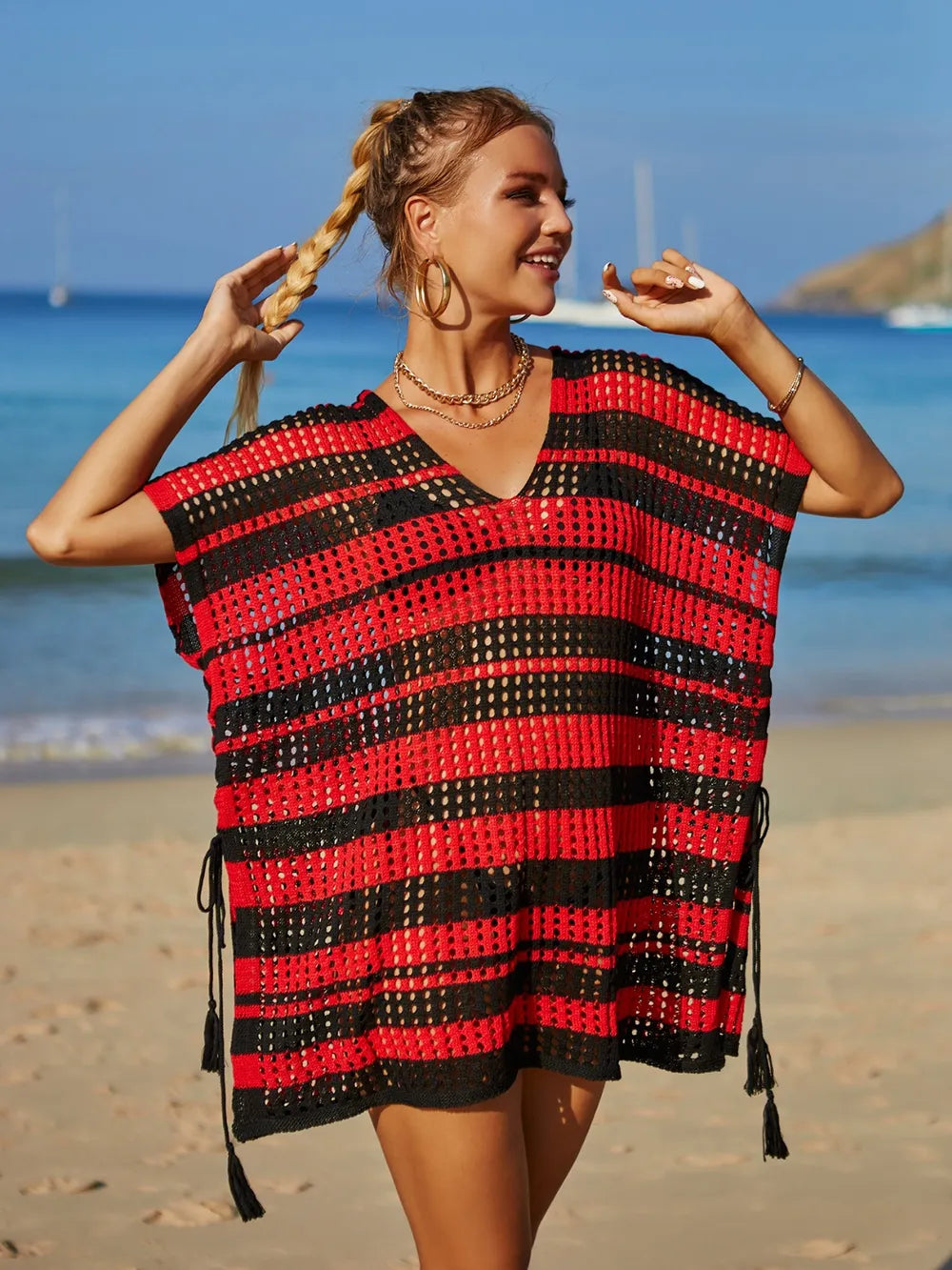 Tassel Openwork Striped V-Neck Cover Up - Korvel