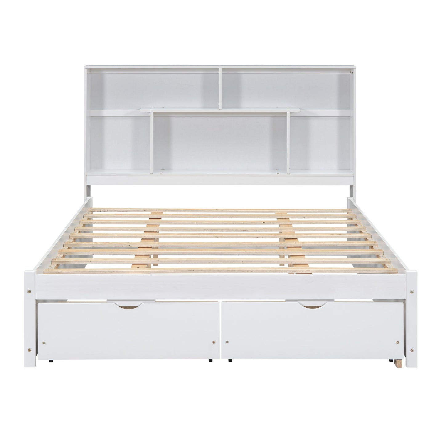 Elegant Queen Size Platform Bed with Storage Headboard, White