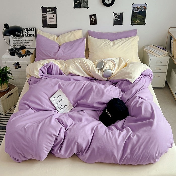 Washed Cotton Solid Color Double Spliced Four-Piece Bedding Set - Sheet, Quilt Cover, Pillowcases for Employee and Dormitory Use - Korvel