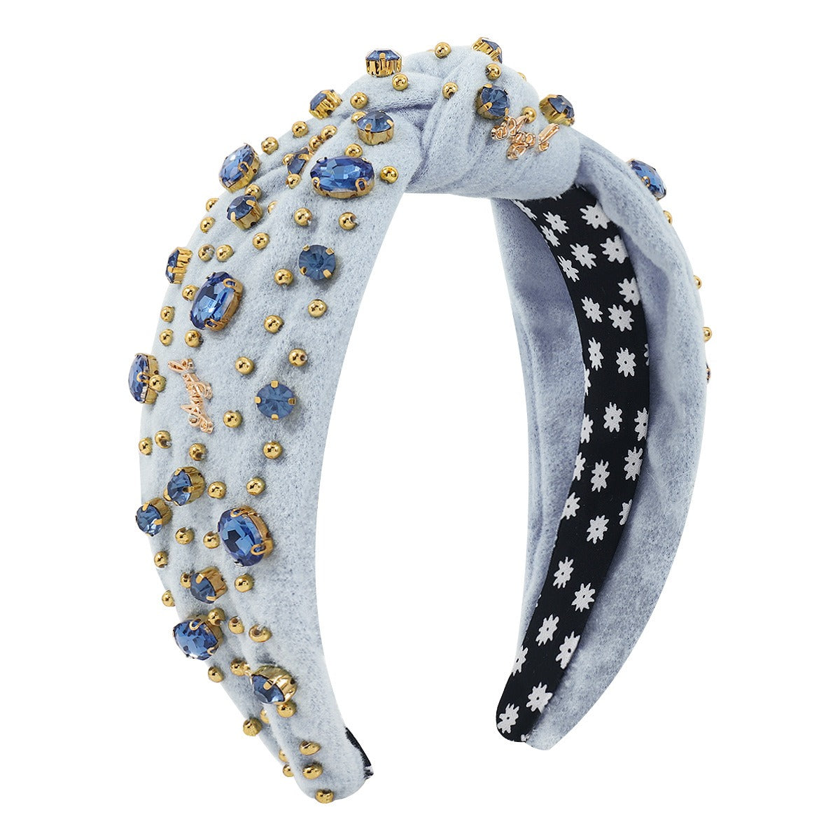 Retro Wide Edge Knot Bead Water Diamond Plush Fabric Thickened Letter Hair Hoop - Korvel