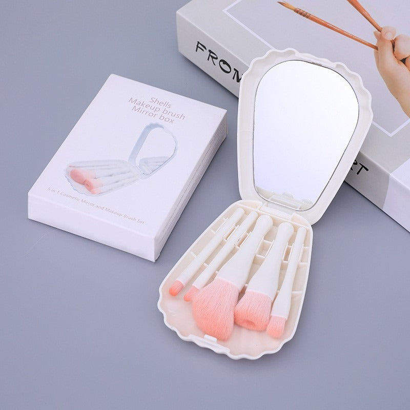 5 shells with mirror powder blusher brush powder brush portable mini combination beauty travel tool - Korvel