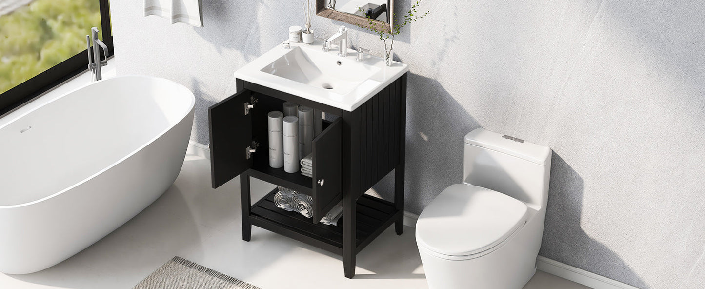 Meuble de salle de bain moderne noir de 24" avec évier en céramique élégant